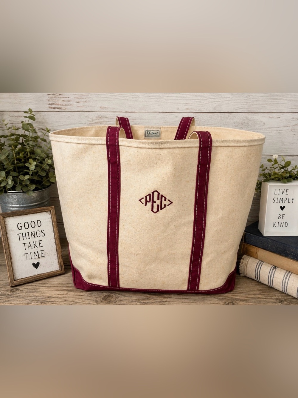 L.L.Bean Boat and Tote Large Canvas Bag Monogram Burgundy Natural Made in Maine